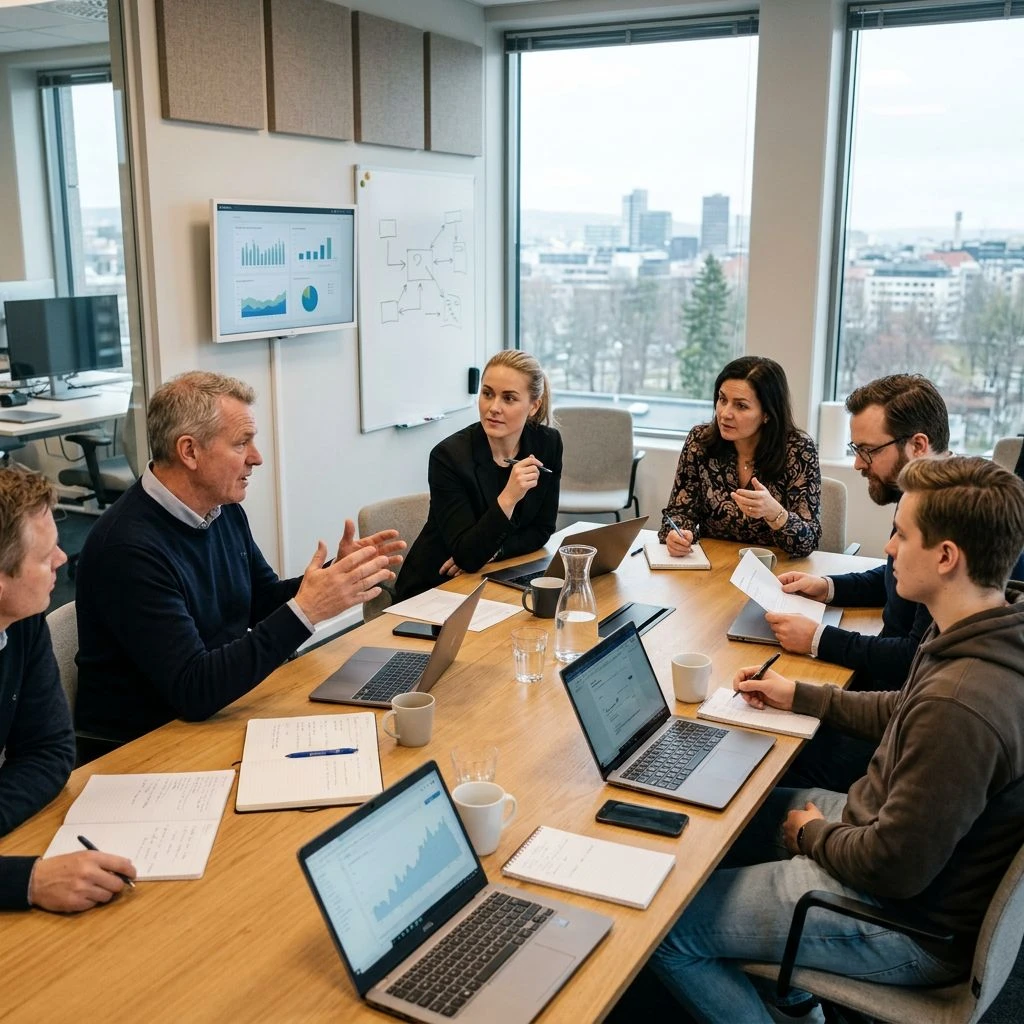 Markedsføringsbyrå Oslo-team i møte med presentasjon av data og strategi ve