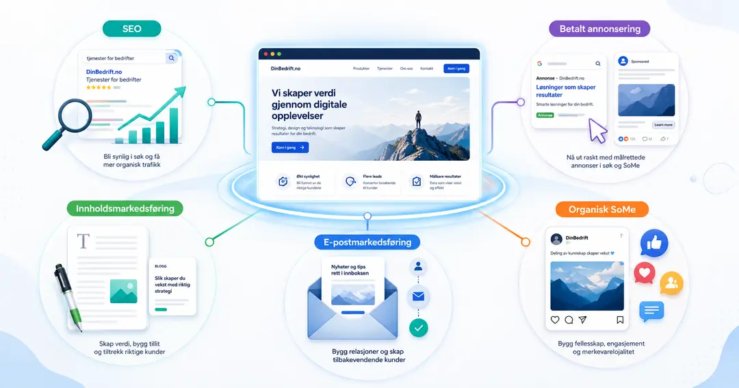 Digital markedsføring: SEO, innholdsmarkedsføring, e-postmarkedsføring, betaltannonser og organisk SoMe.