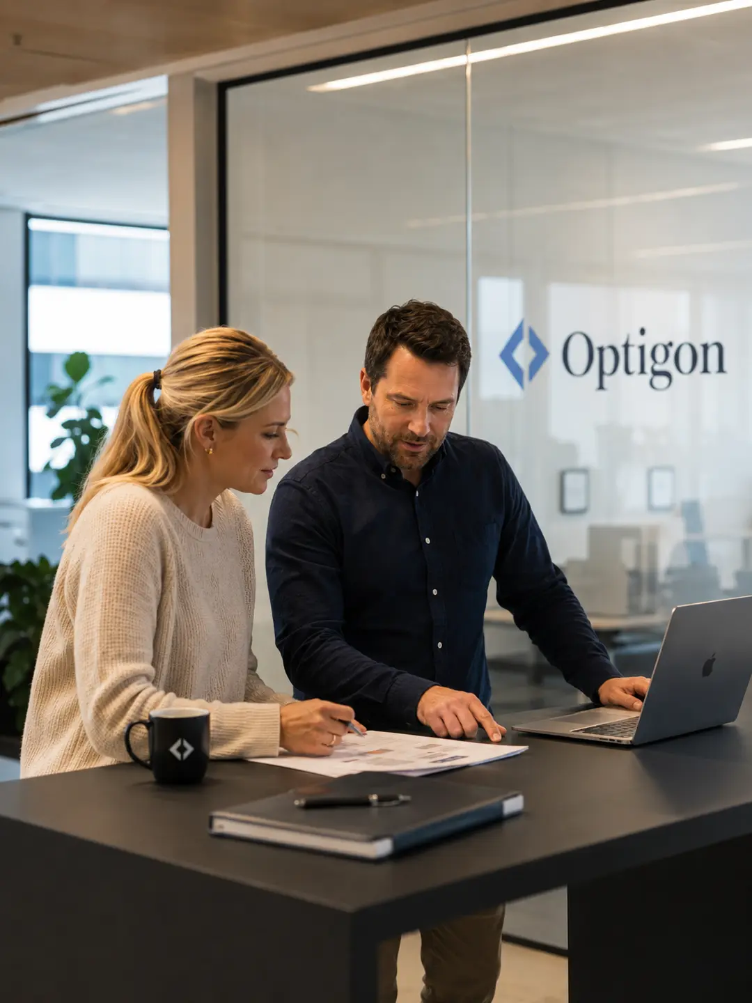 To profesjonelle personer diskuterer digital markedsføring rådgivning ved laptop på Optigon-kontoret.