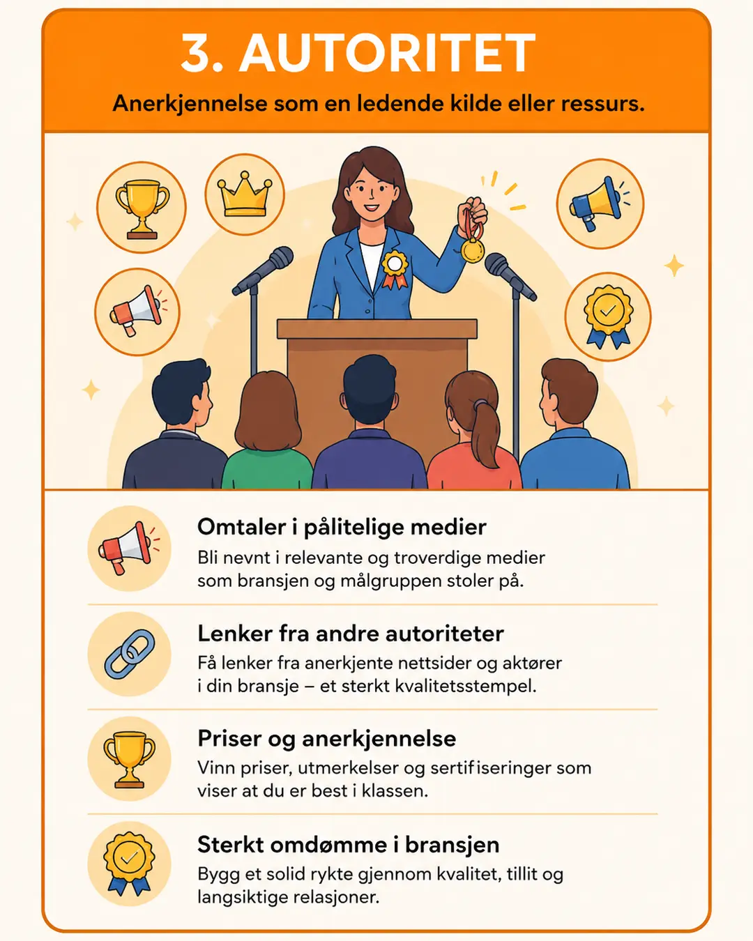Kvinne ved talerstol presenterer Google EEAT-prinsipper for autoritet, erfaring og anerkjennelse foran publikum.