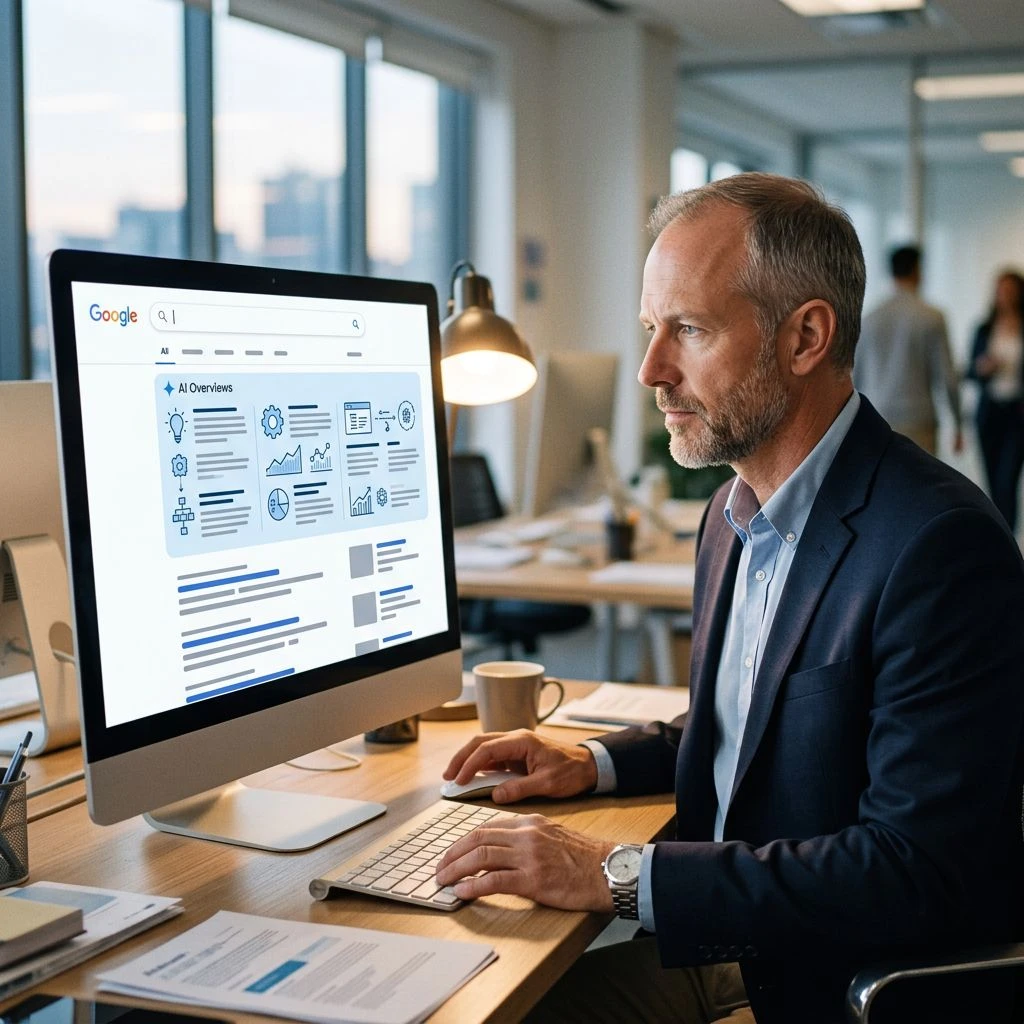 Mann ved skrivebord ser på Google søkemotorer og AI-oversikt på skjerm