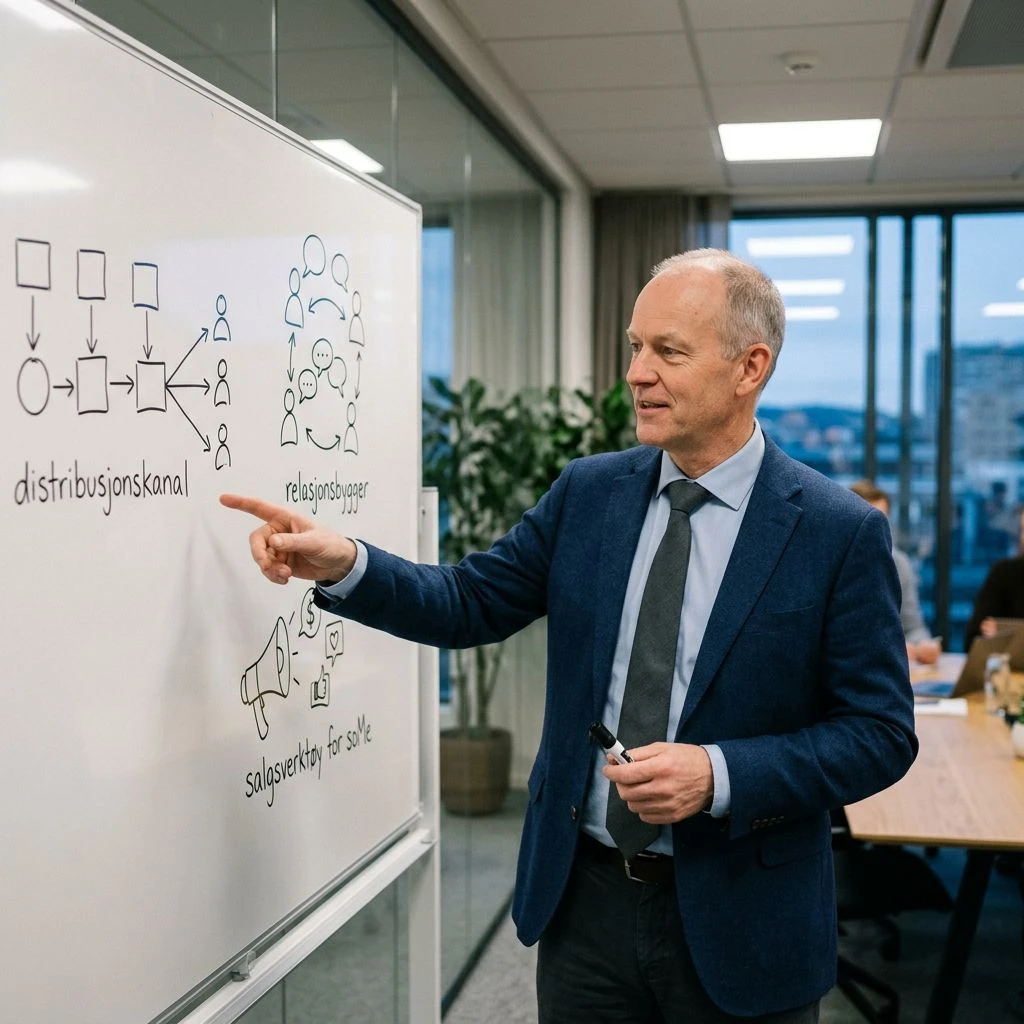 Mann presenterer diagram om distribusjon, relasjoner og sosiale medier og m