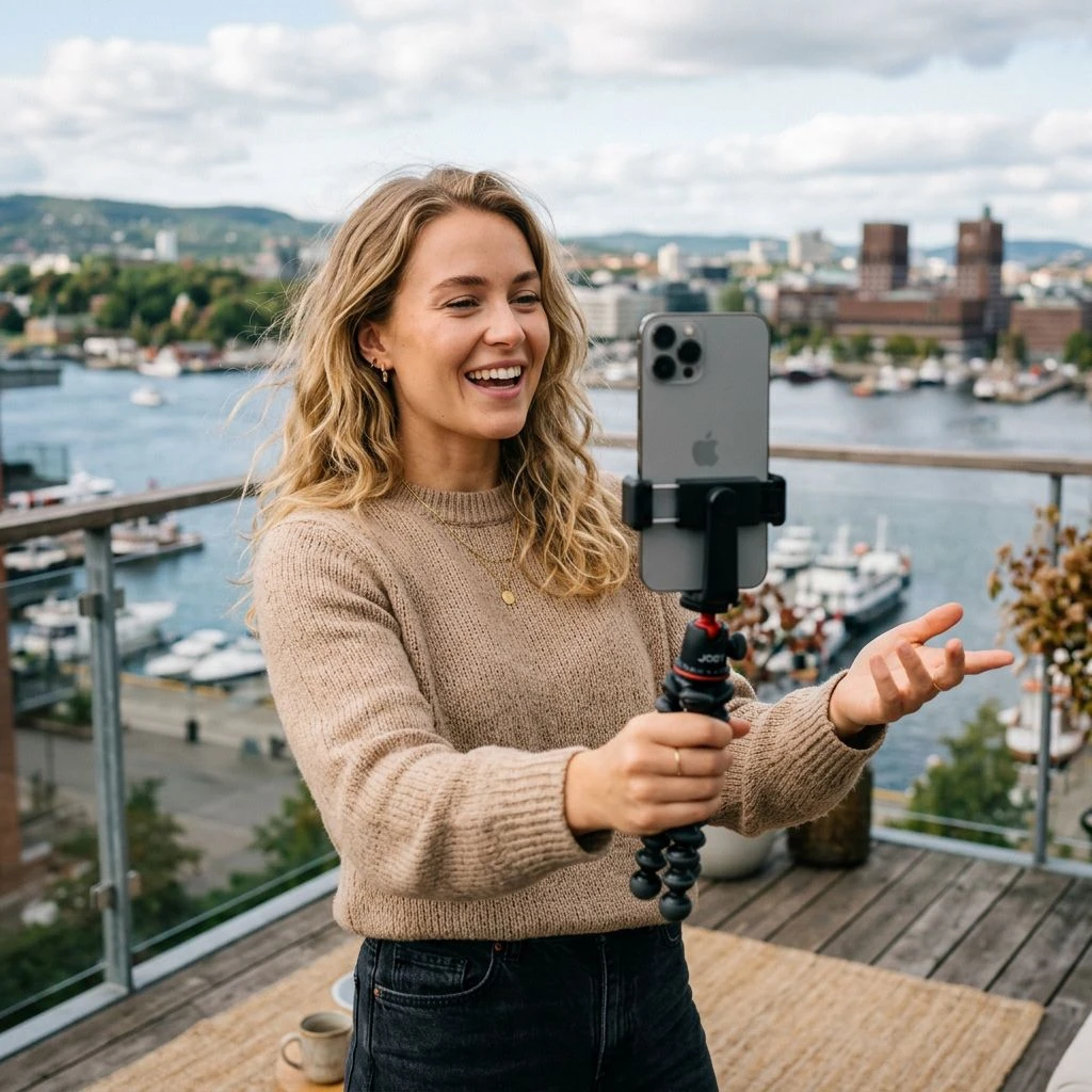 Ung influenser holder smarttelefon på stativ ved elvebredden med byutsikt i