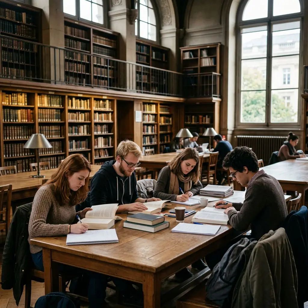 Studenter arbeider med bøker og utdanning i et klassisk bibliotek med høye hyller og store vinduer.
