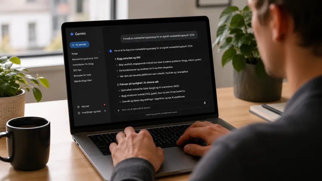 Person bruker Gemini, en av beste AI-modeller, på laptop ved skrivebord med kaffe og plante.