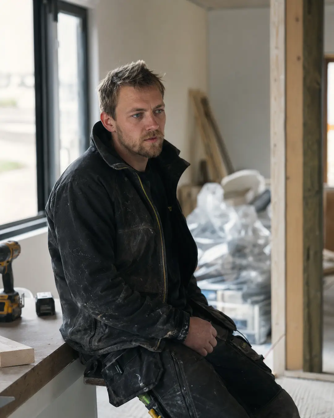 Håndverker i sort jakke sitter på arbeidsbenk under utanning 2026 renovering av rom.