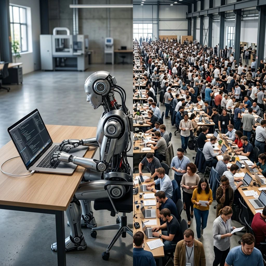 Humanoid robot ved datamaskin møter tusenvis av mennesker i stort arbeidsliv-arrangement i industrihal