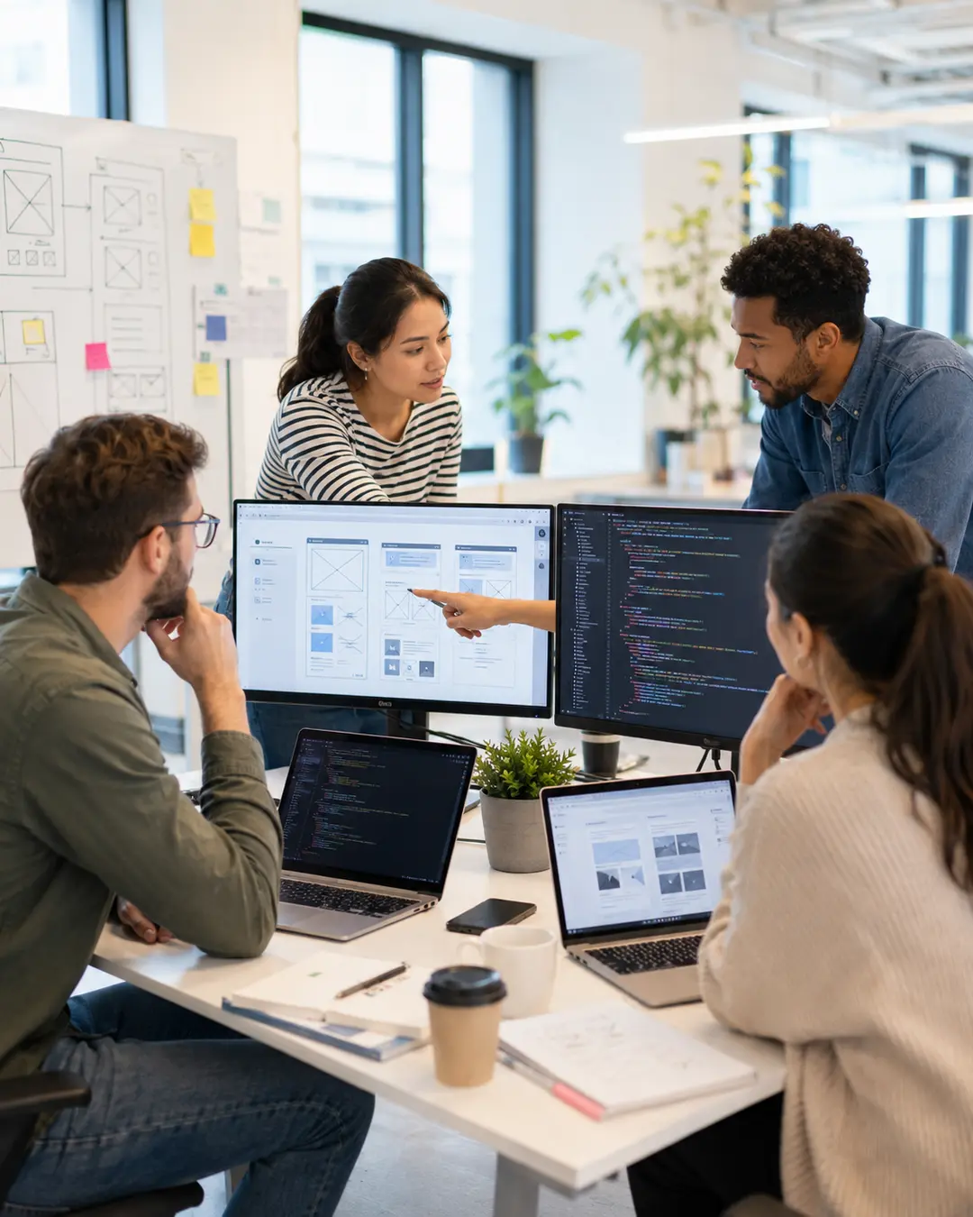 Utviklingsteam diskuterer design av nettsider ved skjerm med wireframes og kode.