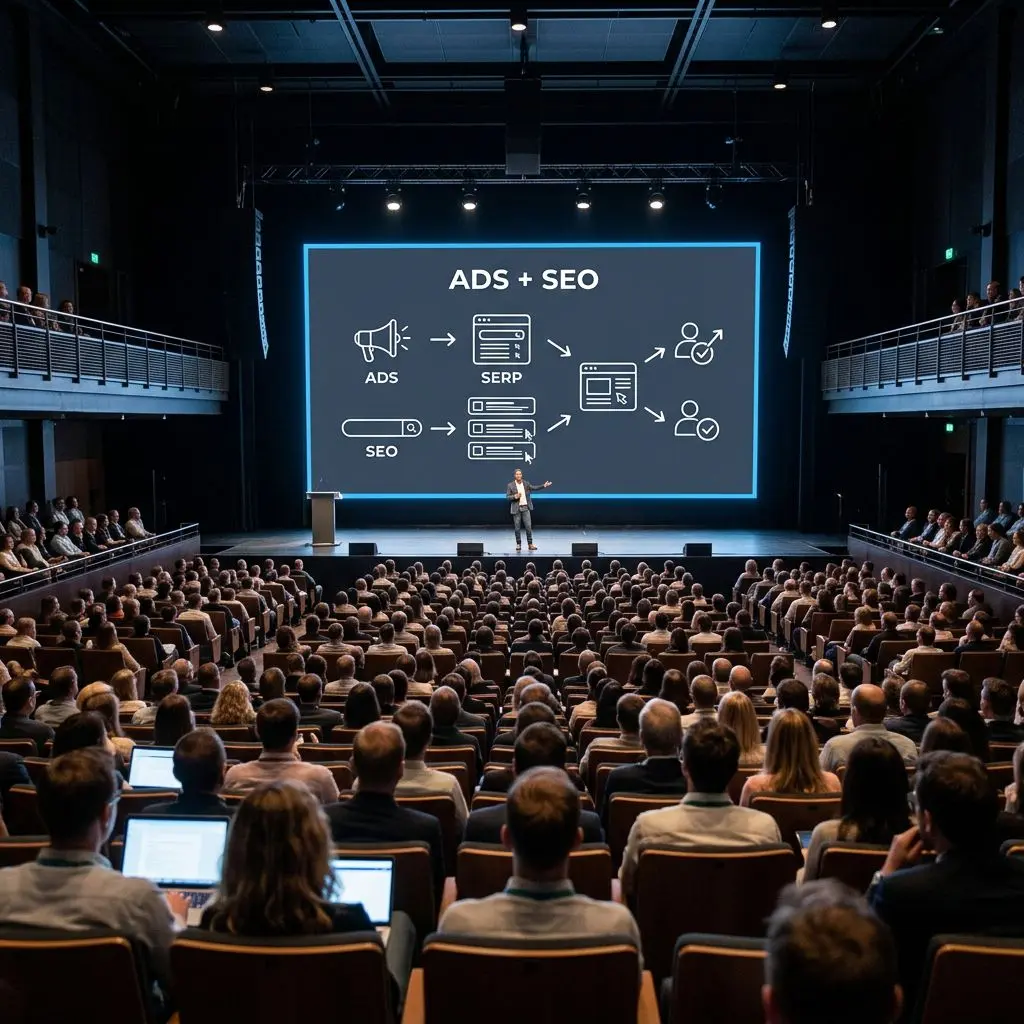 Presentasjon om digital markedsføring og salgsledelse viser strategi for annonser, søkemotoroptimalisering og kundekonvertering.