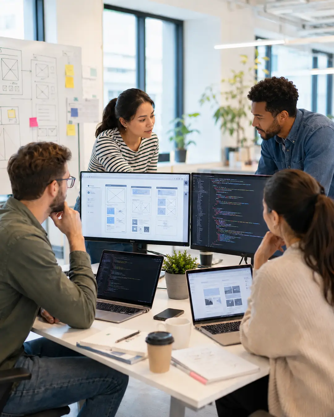 Designteam diskuterer nettsider og kode ved skrivebord med skjermer og laptoper.