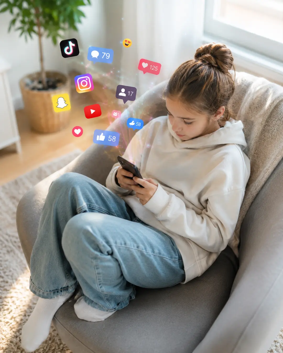 Ung jente på sofa med mobil omgitt av sosiale medier-ikoner, illustrerer sosiale medier aldersgrense-problematikk.