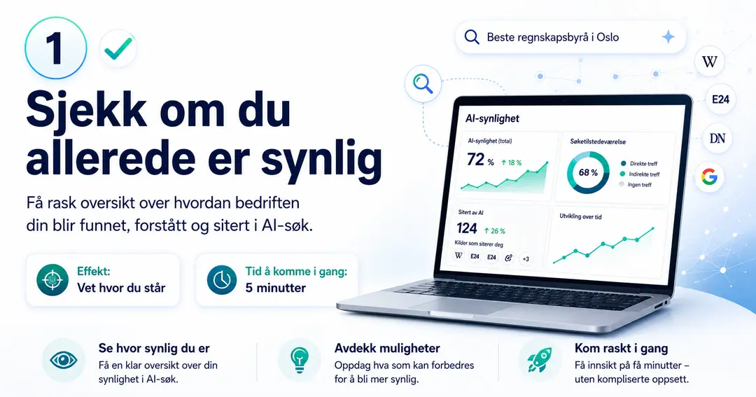 Skjermbilde viser AI-synlighet-analyse med grafer og statistikk for søkemotoroptimalisering i Oslo på en bærbar datamaskin.