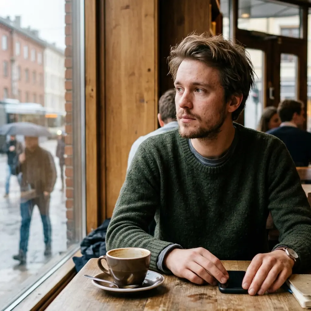 Mann i grøn genser ved kaffebord nær vindu, ser tankefull ut mot gaten utannon 2026.