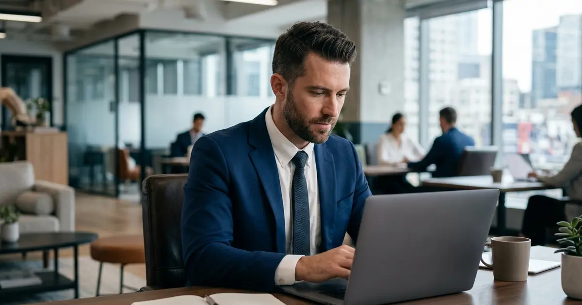 Digital annonsering: Forretningsmann arbeider på laptop på kontor