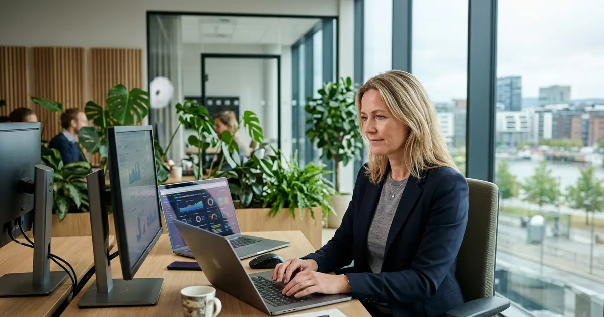 Digital markedsføring lønn: kvinne arbeider ved skrivebord med laptop i moderne kontor