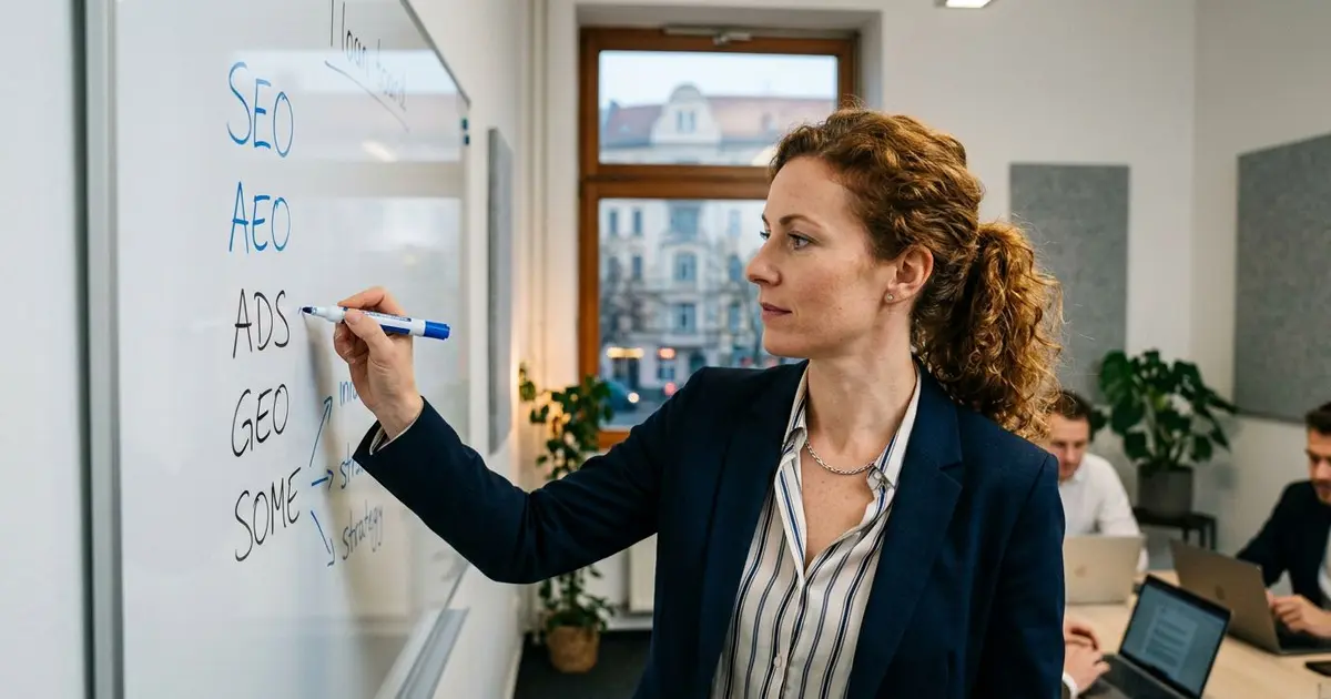 Digital markedsføring og salgsledelse: kvinne skriver på whiteboard med marketingbegreper.