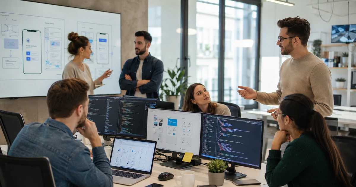 Nettsider designes av webdesignere og utviklere i møte med klientteam på kontoret
