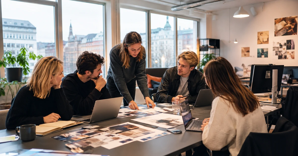 Reklamebyrå Oslo: kreativt team diskuterer designprosjekter rundt konferansebord