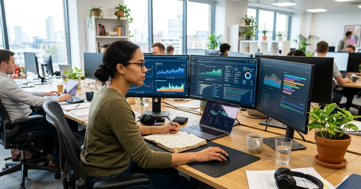 SEO strategi 2025: dataanalytiker studerer søkemotordata på flere skjermer