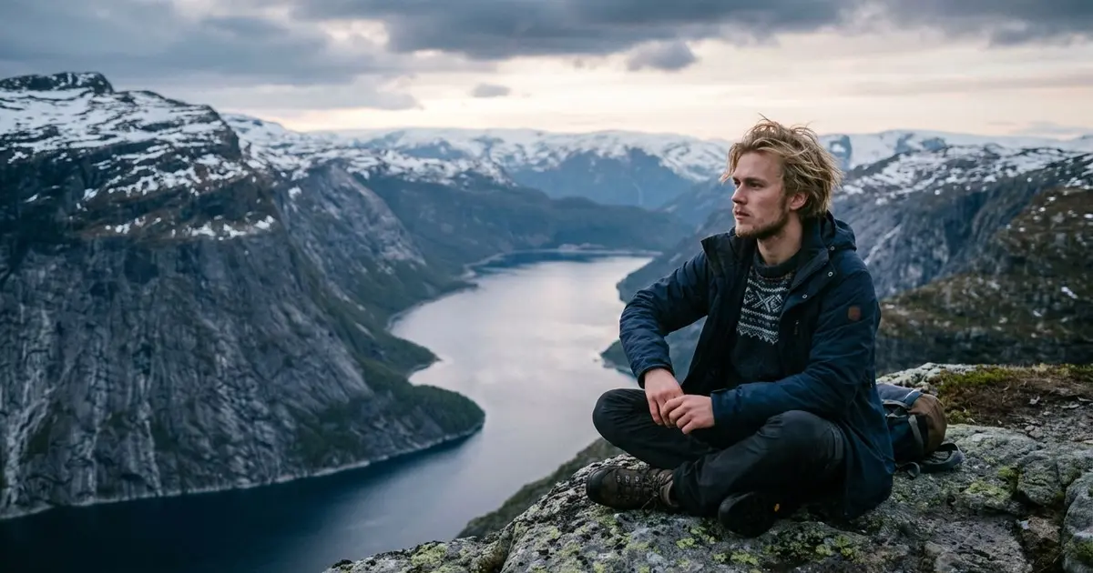 Utdanning gir kunnskap, ikke eksklusivitet - mann på fjelltopp med utsikt over fjord og snøfjell